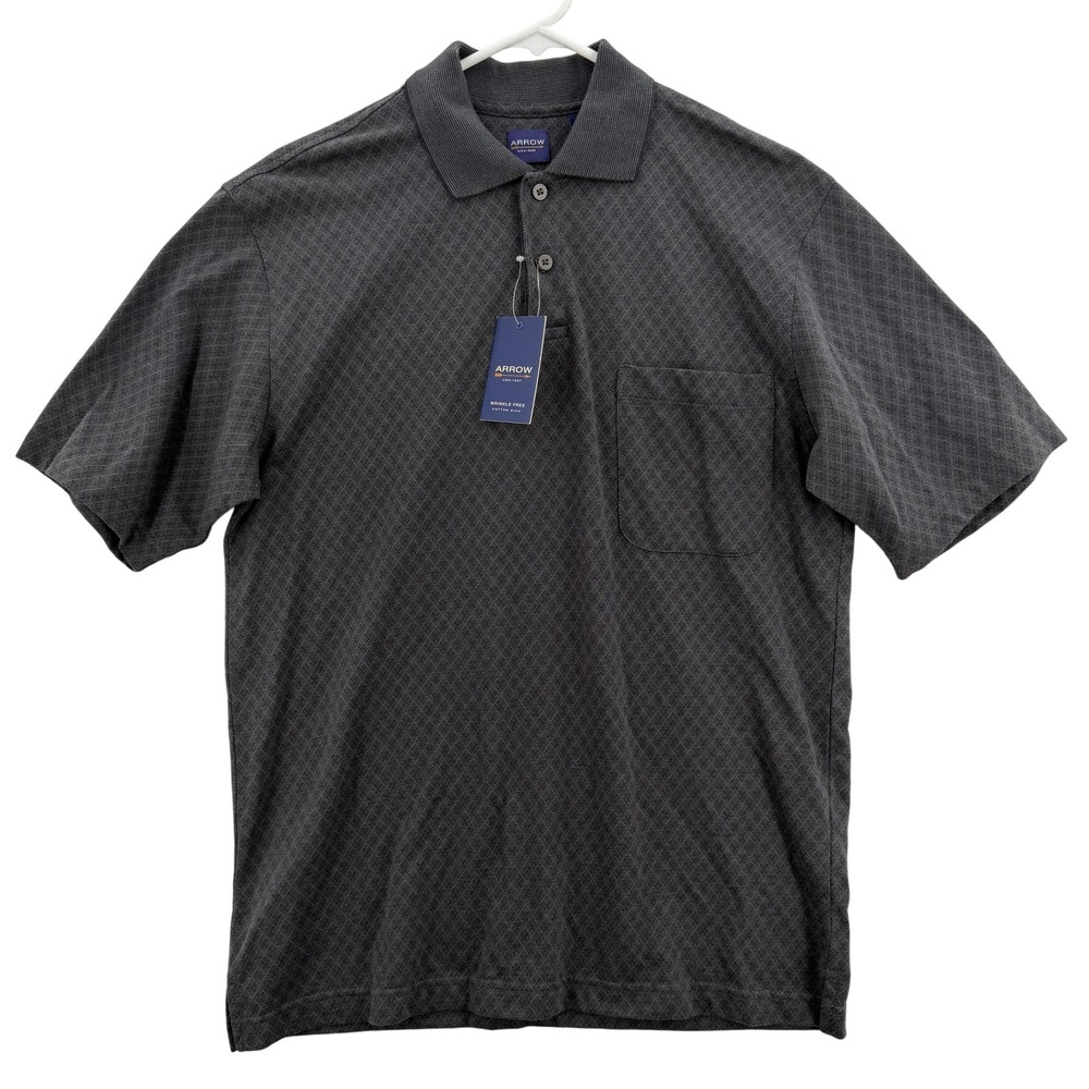 Arrow Mens‎ Small Gray Diamond Jacquard Polo Shirt Short Sleeve Pocket NWT